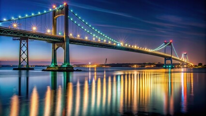 Obraz premium The Claiborne Pell Bridge illuminated at night captured from a worm s eye view perspective in Newport Rhode Island, evening, transportation, Newport, tourism, scenic, landmark