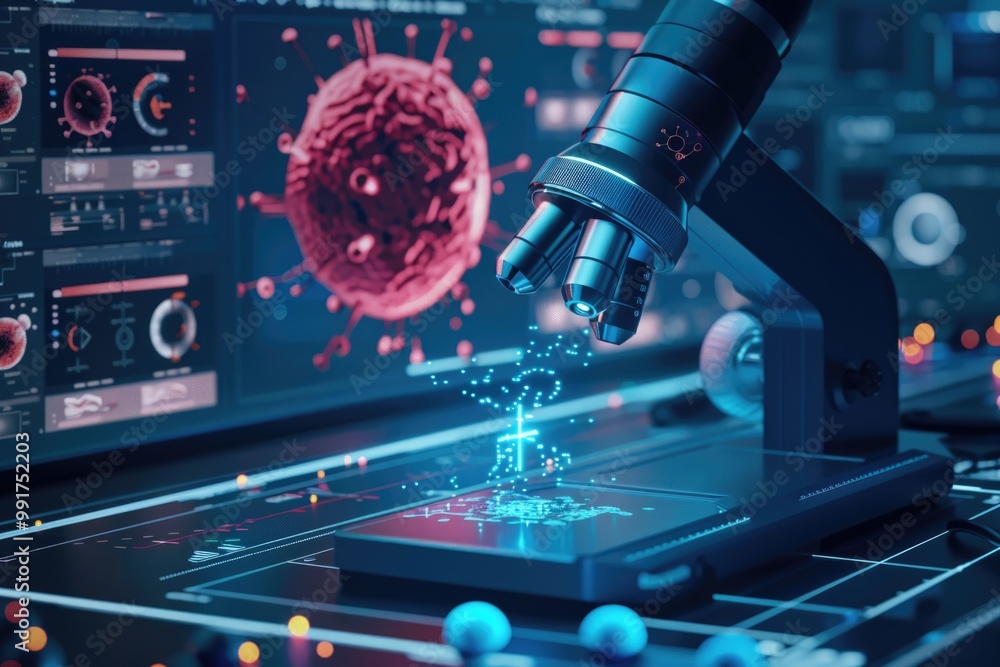 Poster A microscope sitting on a table, ready for use