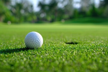 Obraz premium A single golf ball sits on a lush green field, perfect for use in golf-related or outdoor-themed designs