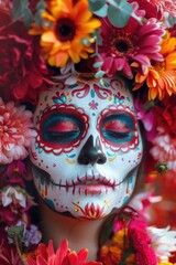 A detailed shot of a person's face with a skull-inspired makeup design