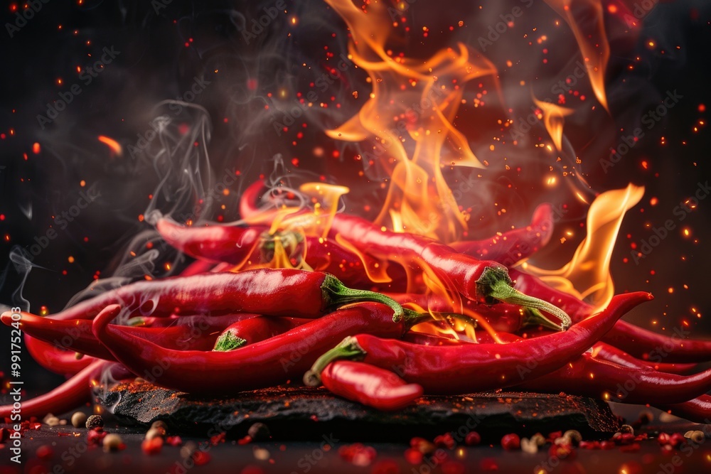 Aufkleber a close-up view of a pile of red hot peppers sitting on a table, ideal for use in food-related conte