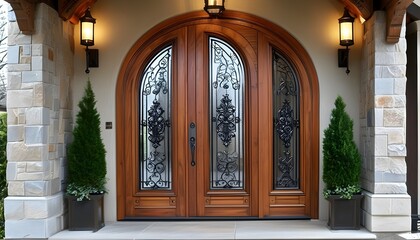 Intricately Carved Wooden Arched Door with Double Panels and Metallic Handles, Ideal for Stylish Entryways