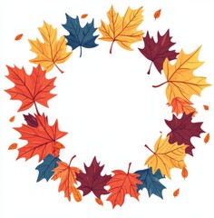 Obraz premium Vibrant arrangement of colorful autumn leaves forming a circular frame on a white background