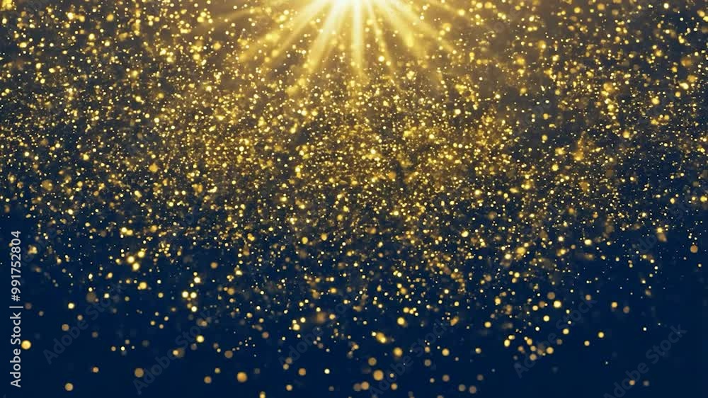 Poster golden particles slowly fall from a radiant light source against a dark background, creating a mesme