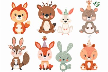 A group of adorable animals dressed in party hats, perfect for use as decorations or illustrations in children's content