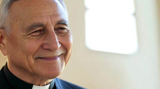 Serene priest stands in a well-lit space, gazing off-camera with a peaceful expression. His calm demeanor reflects wisdom and spirituality, embodying a sense of hope and tranquility