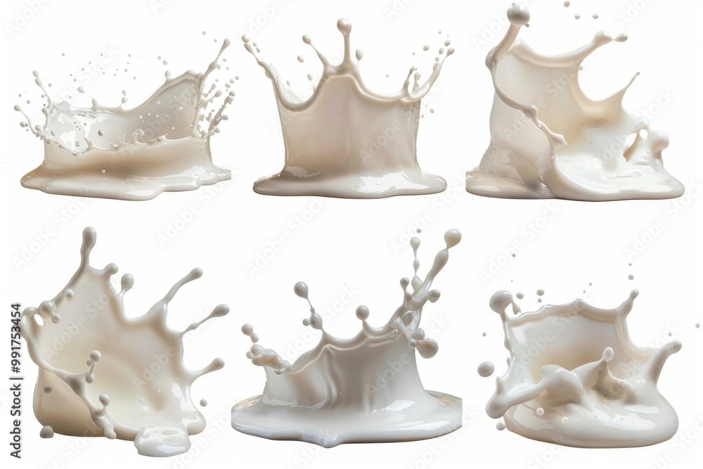 Poster Four images of milk splashes with varying textures and patterns