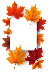 Fototapeta premium Colorful fall leaves banner with vibrant orange and red maple leaves surrounding a blank white space for text or artwork