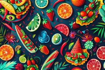 A colorful mix of fruits and veggies on a blue background, perfect for healthy living or food-related themes