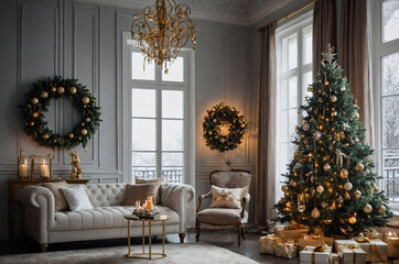 Christmas interior Christmas tree, fireplace and wrapped gifts.