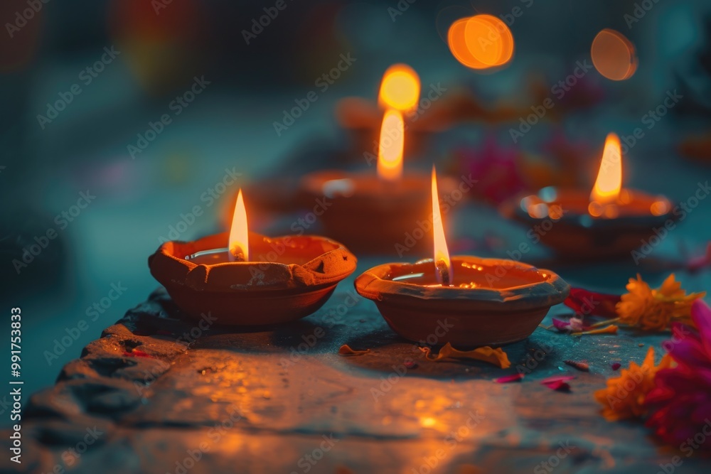 Poster a collection of glowing candles resting on a flat surface