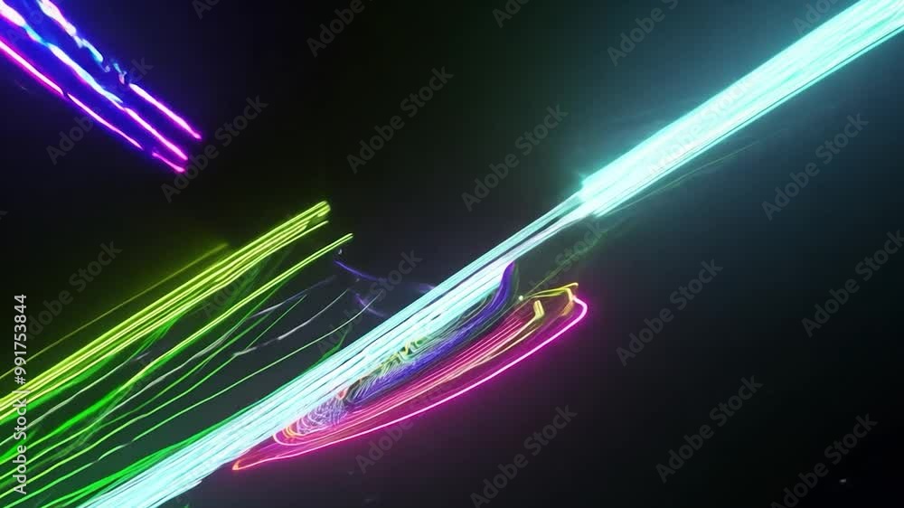 Poster abstract animation showcases colorful neon lights flowing and swirling, forming concentric circles a