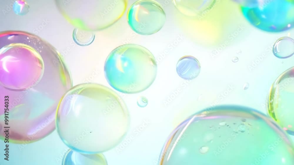 Poster soap bubbles in different sizes are slowly moving on a light pastel background. the bubbles have a b