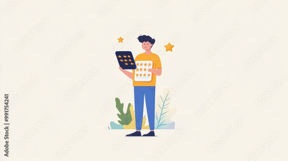 Poster modern smartphone review concept with five-star rating interface held by man on vibrant minimal back