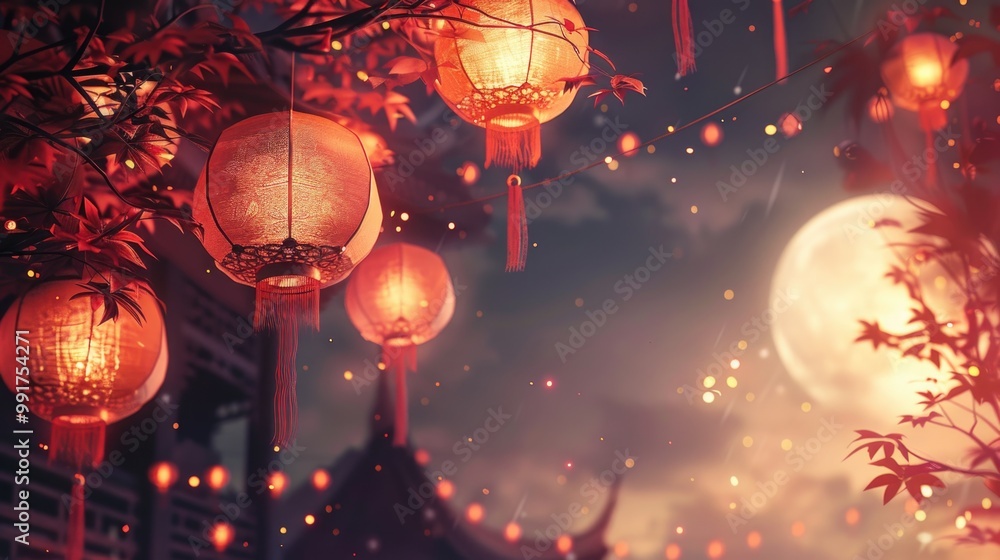 Poster A group of red lanterns suspended from a tree branch, adding warmth and ambiance to the surroundings