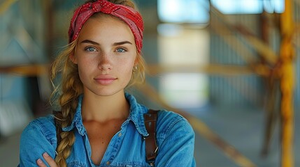 Portrait of a confident young woman wearing a red bandana and braided hair, standing with arms crossed in a casual setting.
