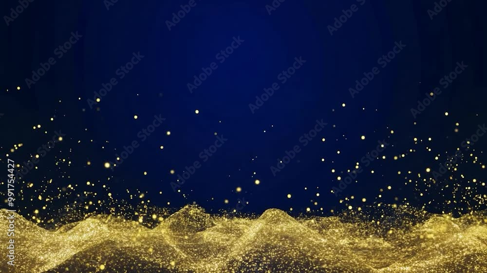 Poster golden particles float and swirl against a dark blue background, creating a mesmerizing effect above