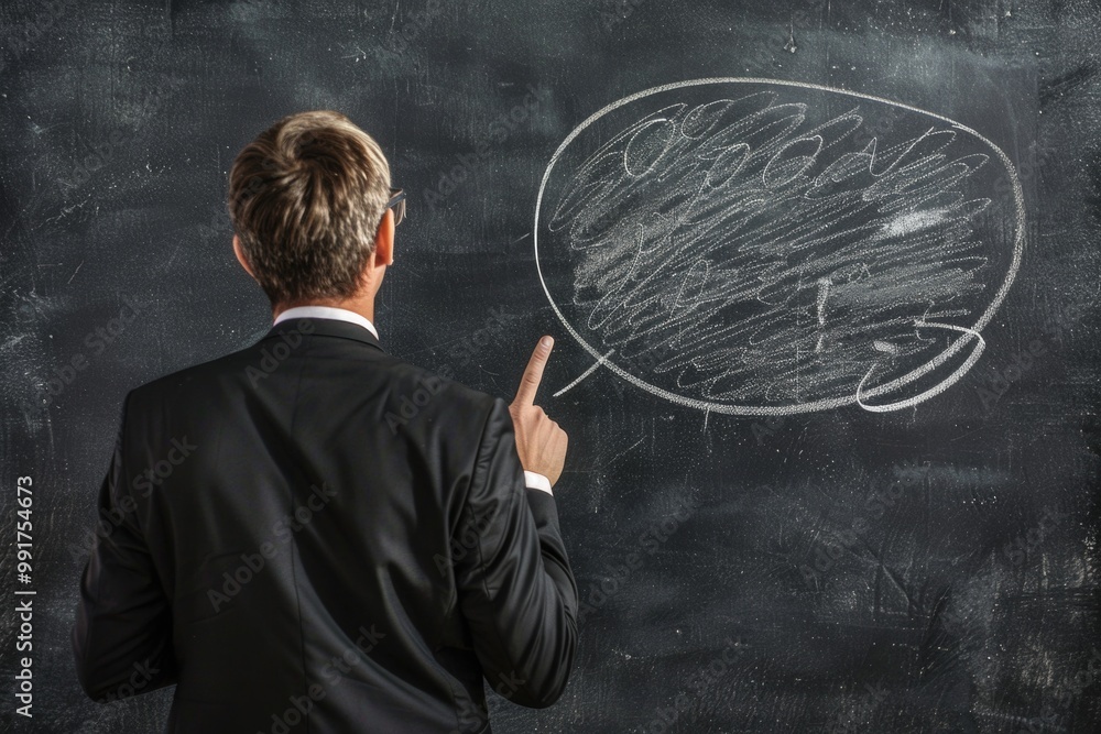 Poster A business professional gestures towards an illustration of the human brain on a chalkboard, emphasizing its importance