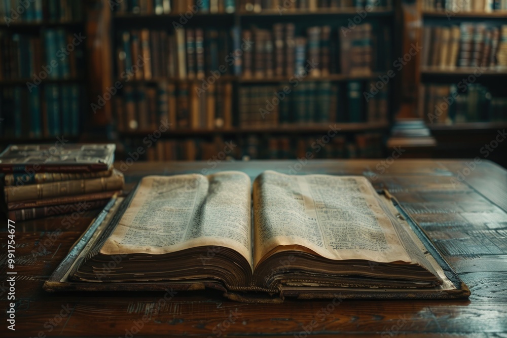 Poster a single open book sits on top of a wooden table, waiting for reader's attention