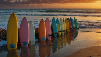 Ocean sunset with colorful surfboards along the shoreline.