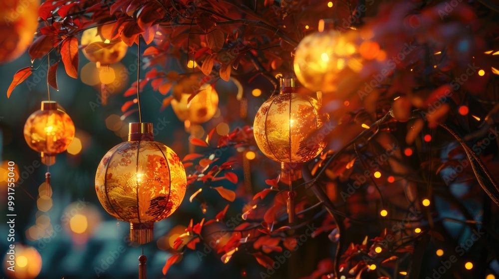 Poster A cluster of lanterns suspended from a tree branch, providing soft lighting