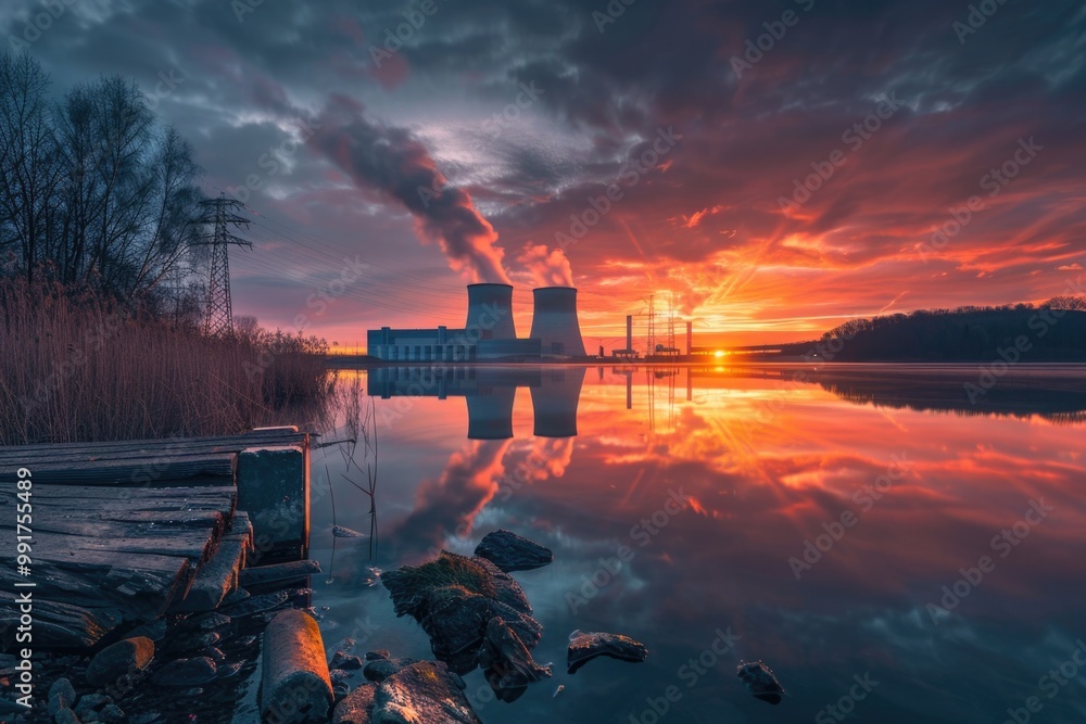 Poster a lake surrounded by trees and a power plant in the background