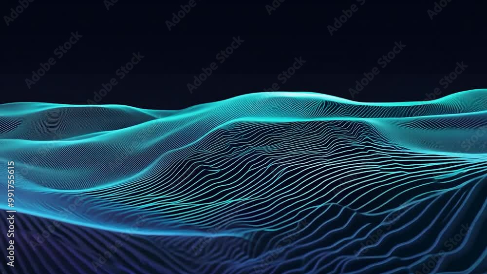 Poster abstract animation of colorful digital waveforms flowing on a black background. seamless looping ani