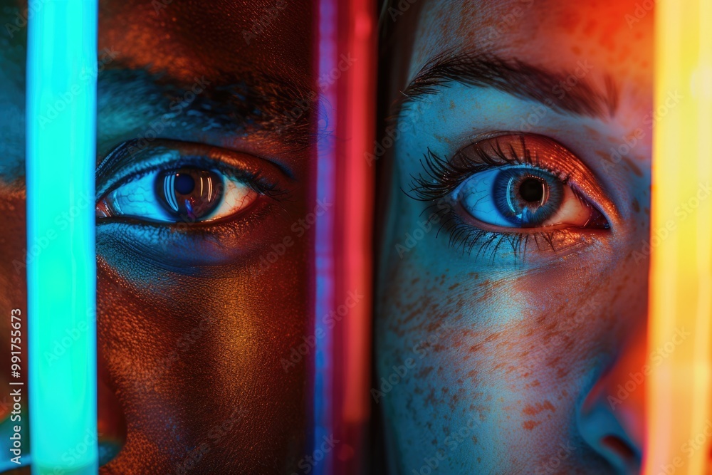 Poster close-up shot of a person's eye with neon lights in the background, suitable for use in futuristic o