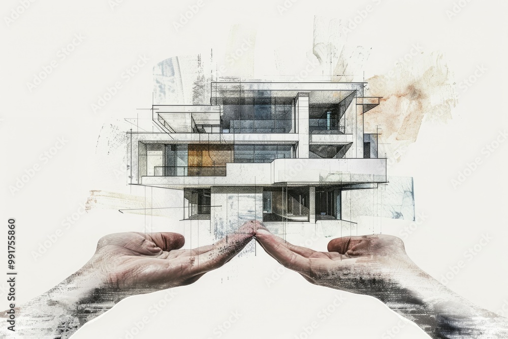 Fototapete two hands holding up a building with a double exposure effect, an artistic representation of support