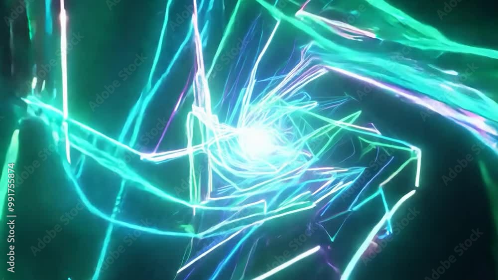 Poster bright neon light forms an abstract shape with a glowing core against a black background, creating a
