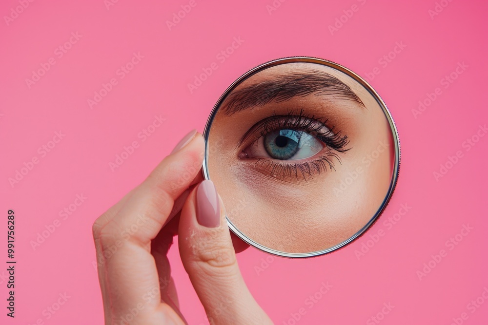 Poster A person examining an object closely using a magnifying glass