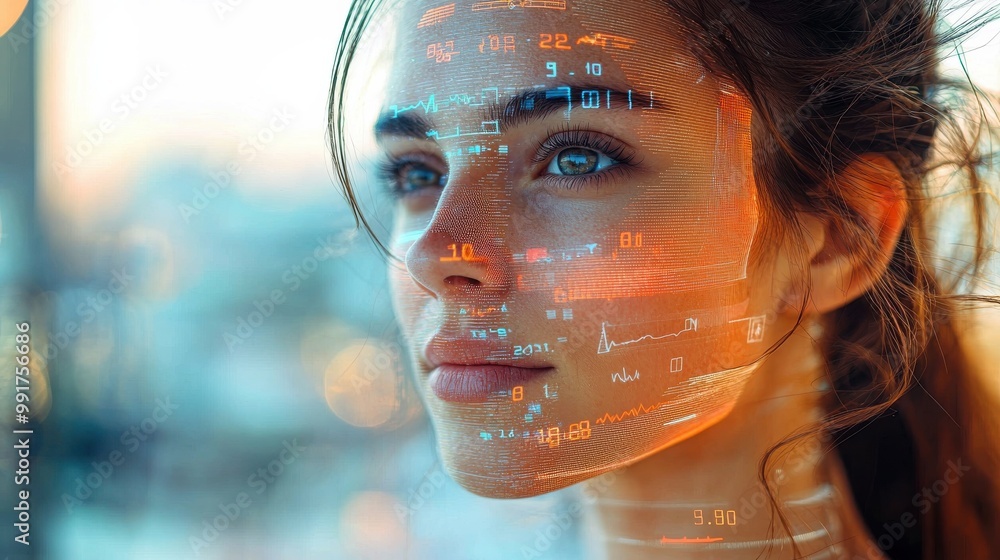 Poster close-up portrait of a woman using wearable technology with digital data overlay on her face showing