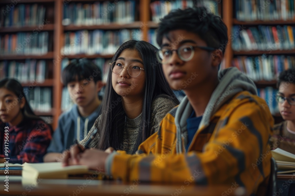 Aufkleber Group of students or researchers working together at a table in a quiet library setting