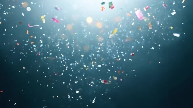 Multicolored confetti exploding upwards on a blue background with a bright light in the center. Ideal for celebrations, parties, and festive occasions