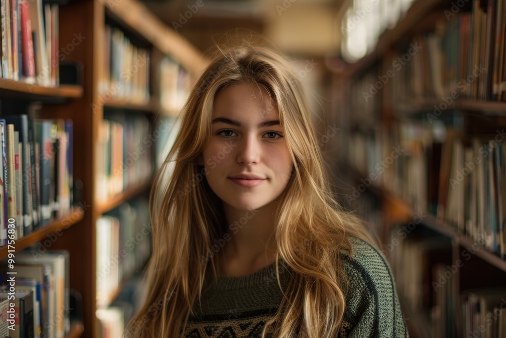 Poster a person browsing books on shelves in a quiet library setting, ideal for academic or research use