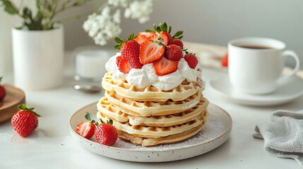   A photo of a waffle tower with whipped cream and strawberries on a white background, beside a black coffee mug
