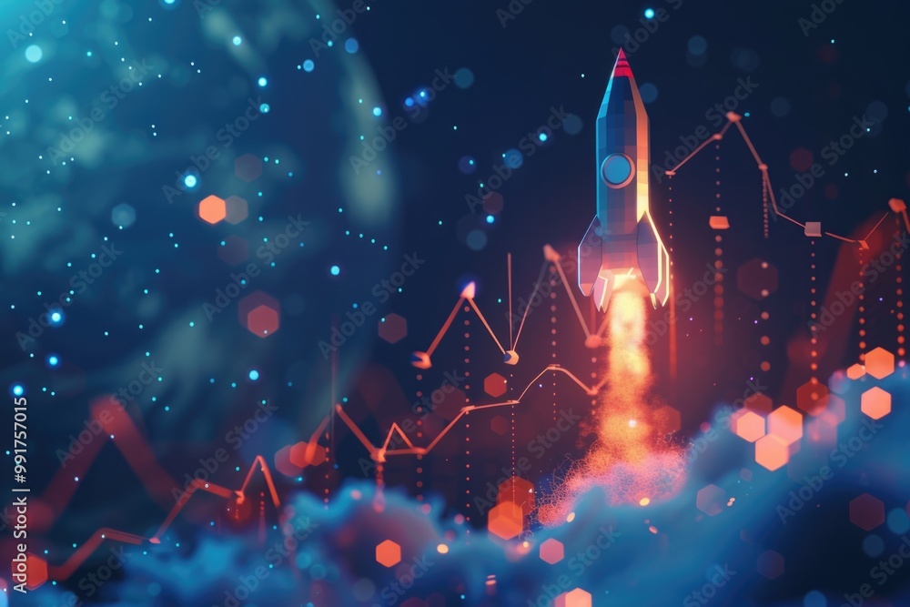 Poster a rocket soaring through the sky, with flames and smoke trailing behind