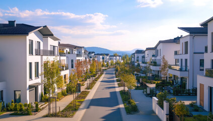 A modern new development in Germany, with suburban houses featuring beautiful landscaping and roads with pavements