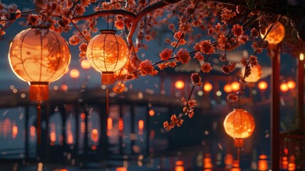 Fototapeta premium Outdoor lighting with lanterns suspended from a tree branch, suitable for evening or night scenes