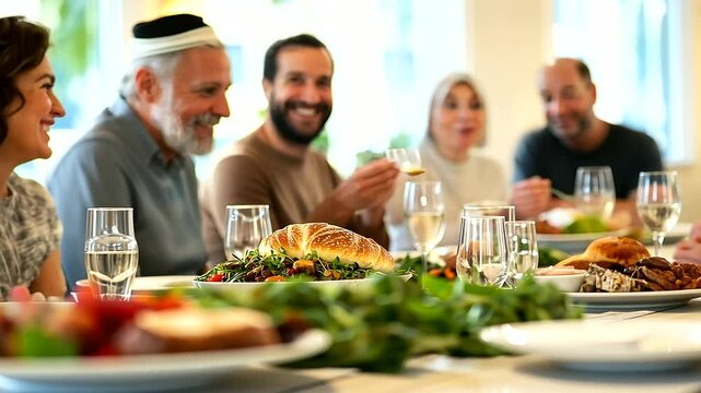 A Thanksgiving dinner where a Jewish family and their Christian and Muslim friends share traditional holiday dishes, blending cultural elements like challah bread, turkey