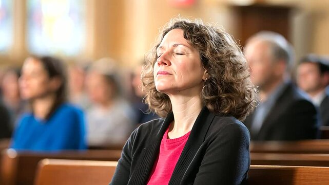 A woman sitting in a synagogue pew, eyes closed, hands resting on her lap, deep in prayer and reflection during Yom Kippur services