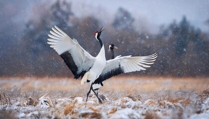 Bird behaviour in the nature grass habitat. Dancing pair of Red-crowned crane with open wing