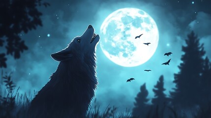 Fototapeta premium A wolf howls at the full moon in a dark forest, surrounded by bats.