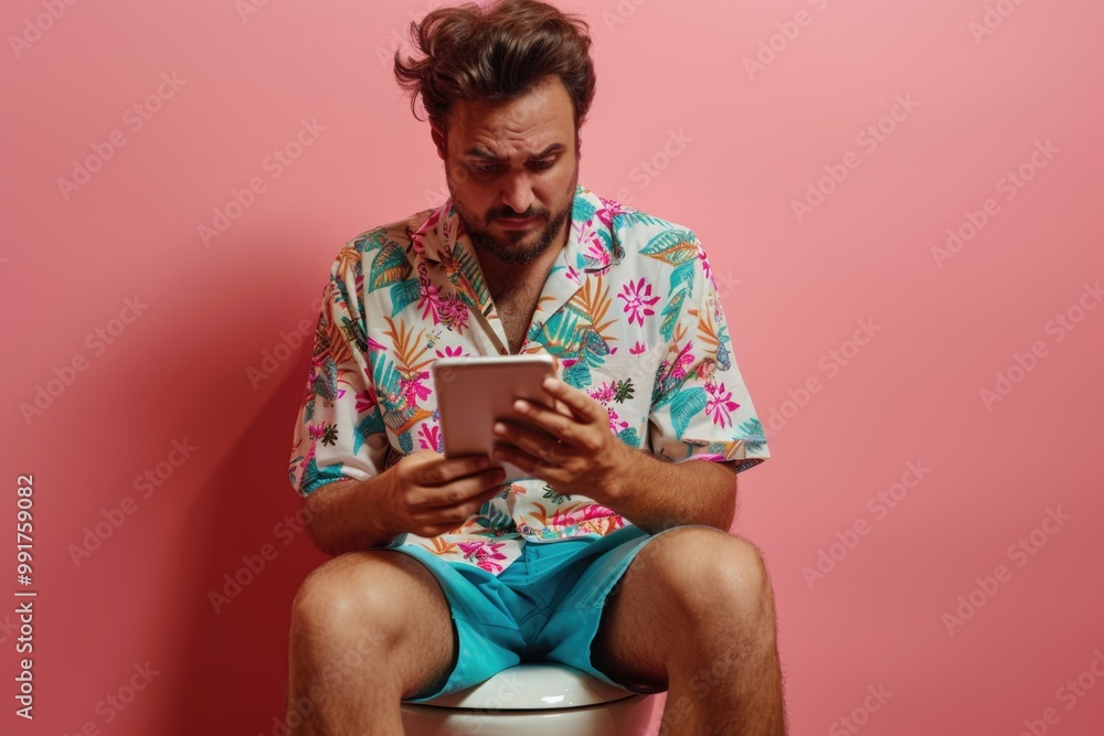 Poster a person sitting on a toilet with a tablet in hand, likely browsing or working