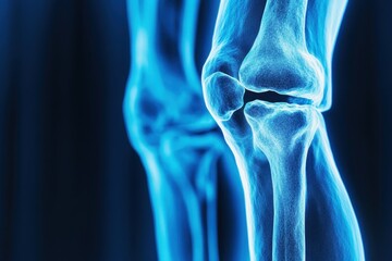 A blue and white image of a knee joint