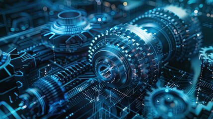 Detailed close-up of interlocking metal gears in motion, showcasing industrial engineering, precision mechanics, and complex machinery parts.
