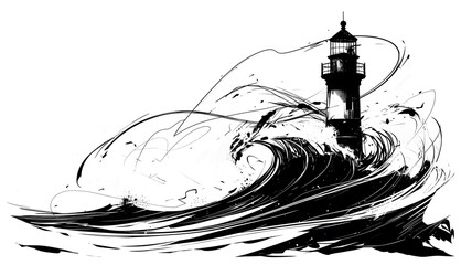 Lighthouse. Ink sketch of lighthouse in storm. Black and white illustration lighthouse and waves.
