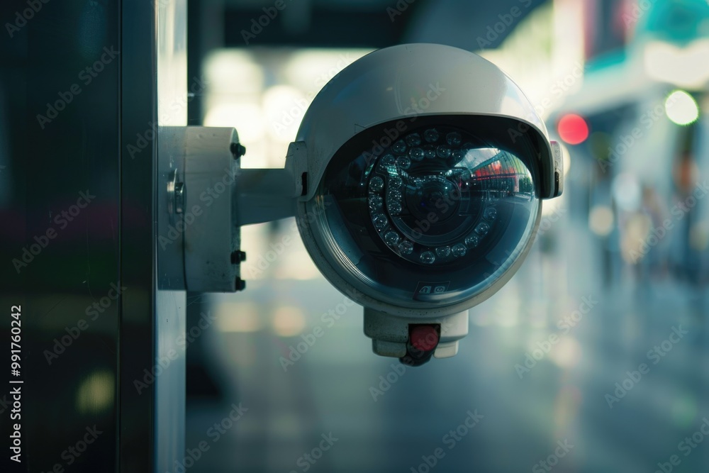 Poster Security camera installed on the side of a building with a clear view of the surrounding area