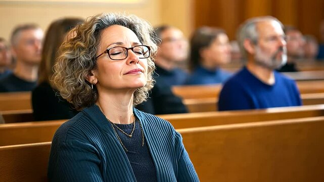 A woman sitting in a synagogue pew, eyes closed, hands resting on her lap, deep in prayer and reflection during Yom Kippur services. The atmosphere around her is quiet