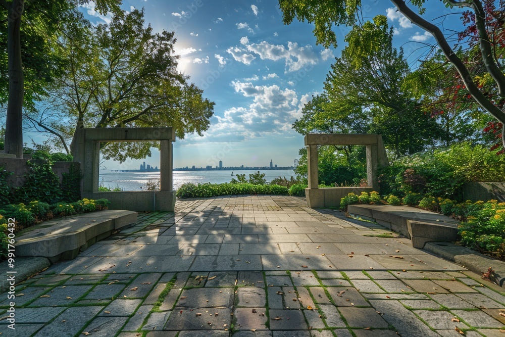 Poster pathway with seating areas surrounded by greenery